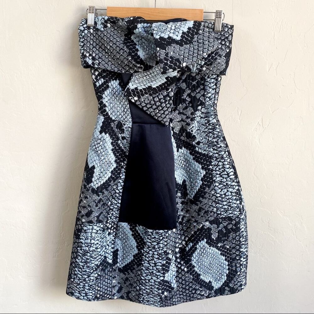CUE Snake Print Blue Black Strapless Mini Dress Size 4